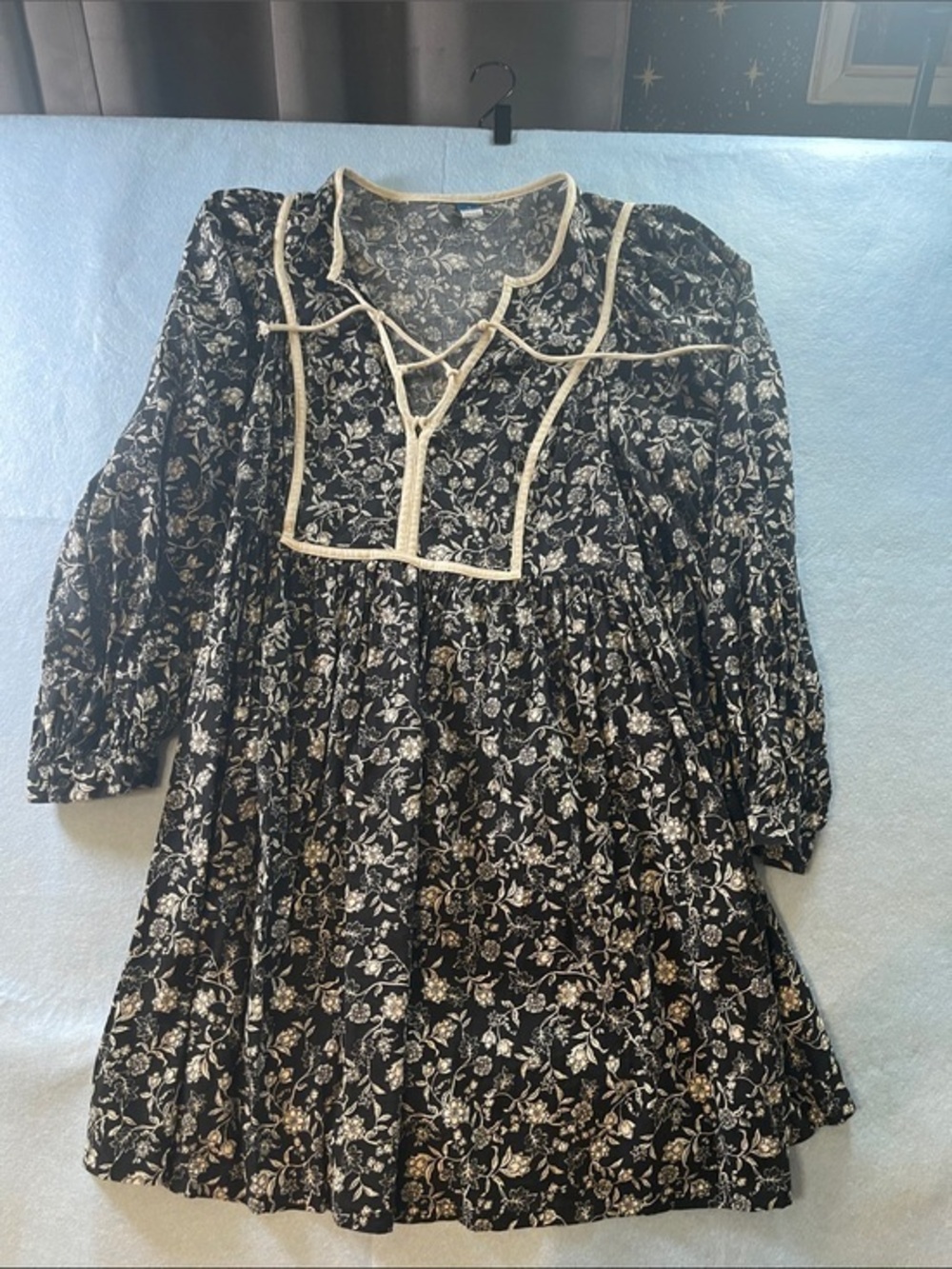 Old Navy Black Floral Peasant Dress with Cream Trim